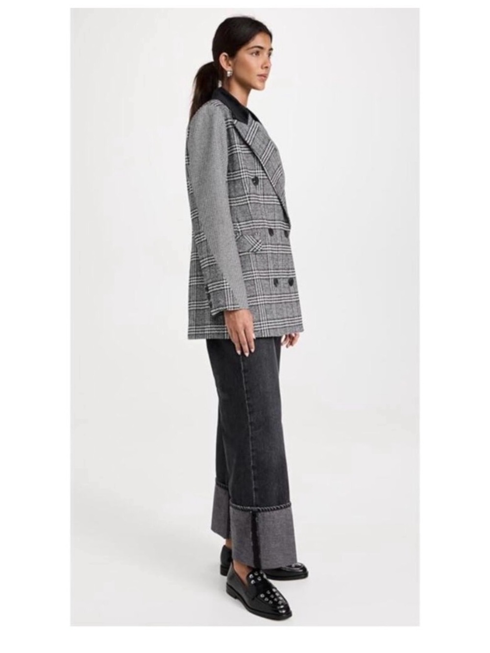 Avec Les Filles Black and Gray Mixed Plaid Double-Breasted Blazer